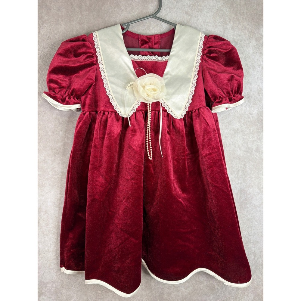 VTG 90s Rose Cottage Velvet Dress Girls 6 Burgundy Satin Lace Sailor Collar Xmas